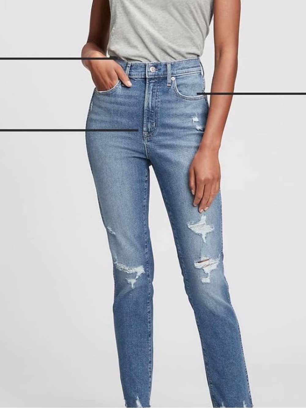 GAP high-rise slim jeans, light- medium blue with light distressing at the knees